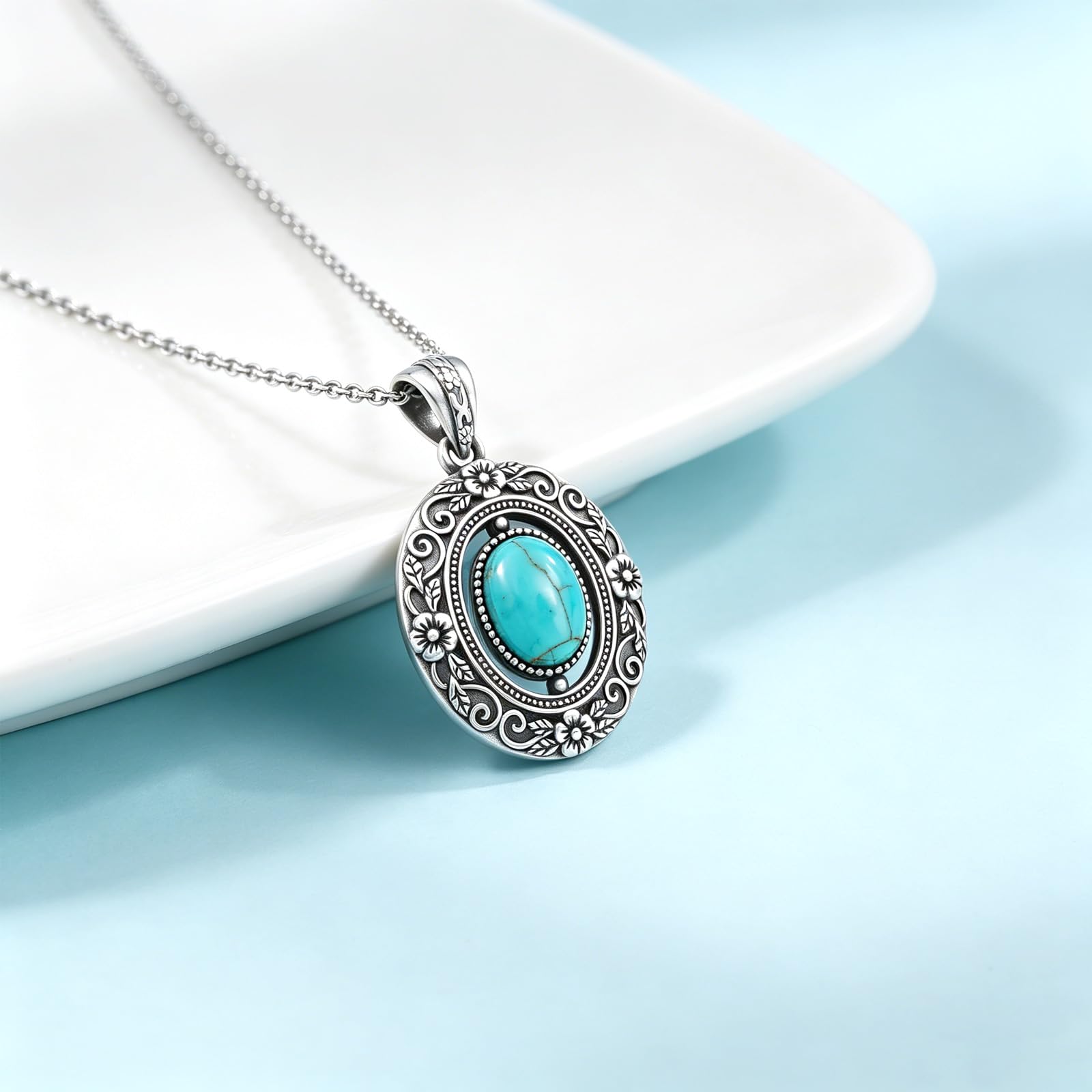 925 Sterling Silber Ovaler Türkis Anhänger Halskette für Damen, Vintage Boho Schmuck Geschenk
