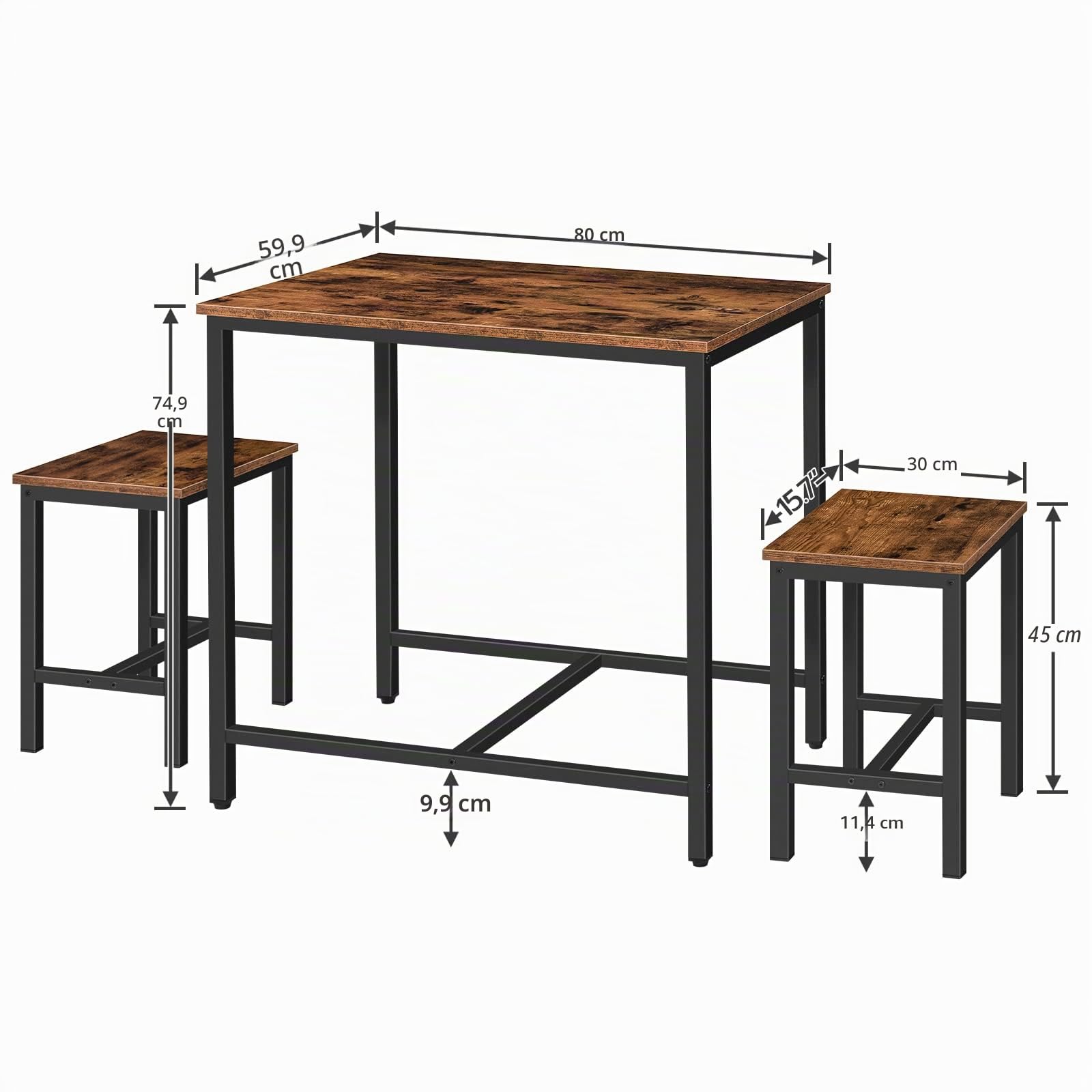 HOOBRO Mesa Cocina Pequeña, Mesa Alta Cocina con Taburetes, Estilo Industrial, Ahorro Espacio, para Espacio Pequeño, Rincón Desayuno, Sala Estar y Fiesta, Marrón Rústico y Negro EBF75CZ01G1