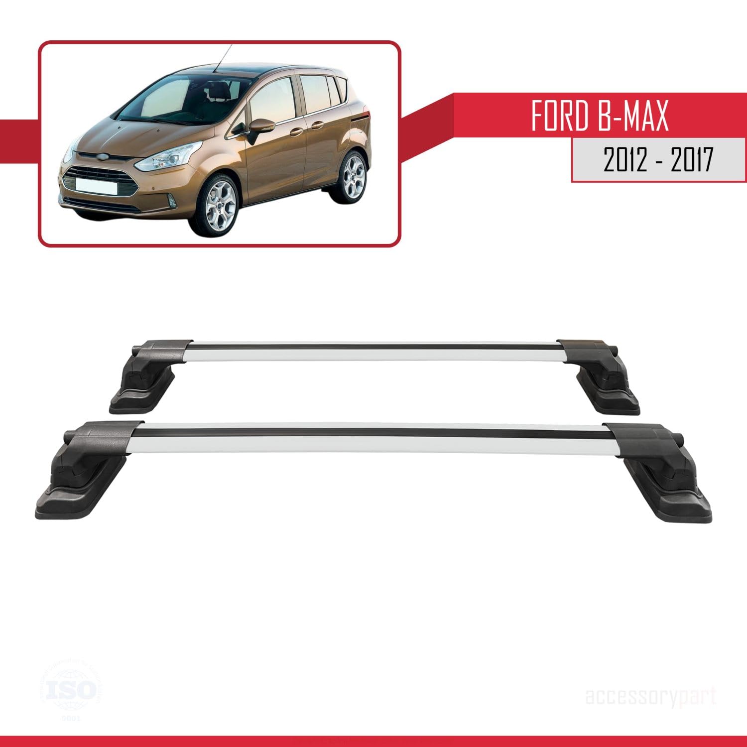Compatible With Ford B-Max  B232  2012-2017 ACE-3 Car Roof Rack Cross Bar Grey Aluminium 2 Bars