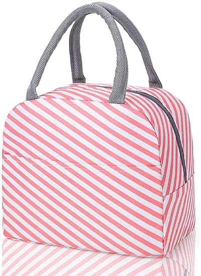 Lunch Bags for Office Women & Men Insulated Fabric Carriage Bags for Lunch Portable Reusable Multipurpose Washable Printed Tiffin Bags Leak Proof Carry Bag Kids School -(Pink Stripes)