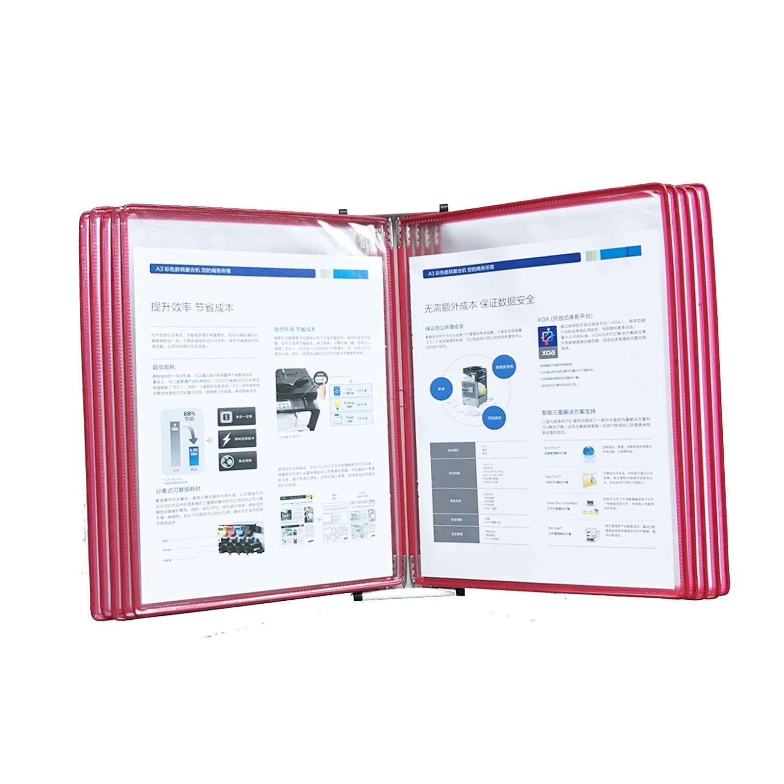 SnamicE Wall Mount Catalog Display Rack - Wall Mount Reference and Display System, 10 Double-Sided Panels Wall-Mounted Page Flip Folder, A4 Loose-Leaf Transparent Page Display,Red