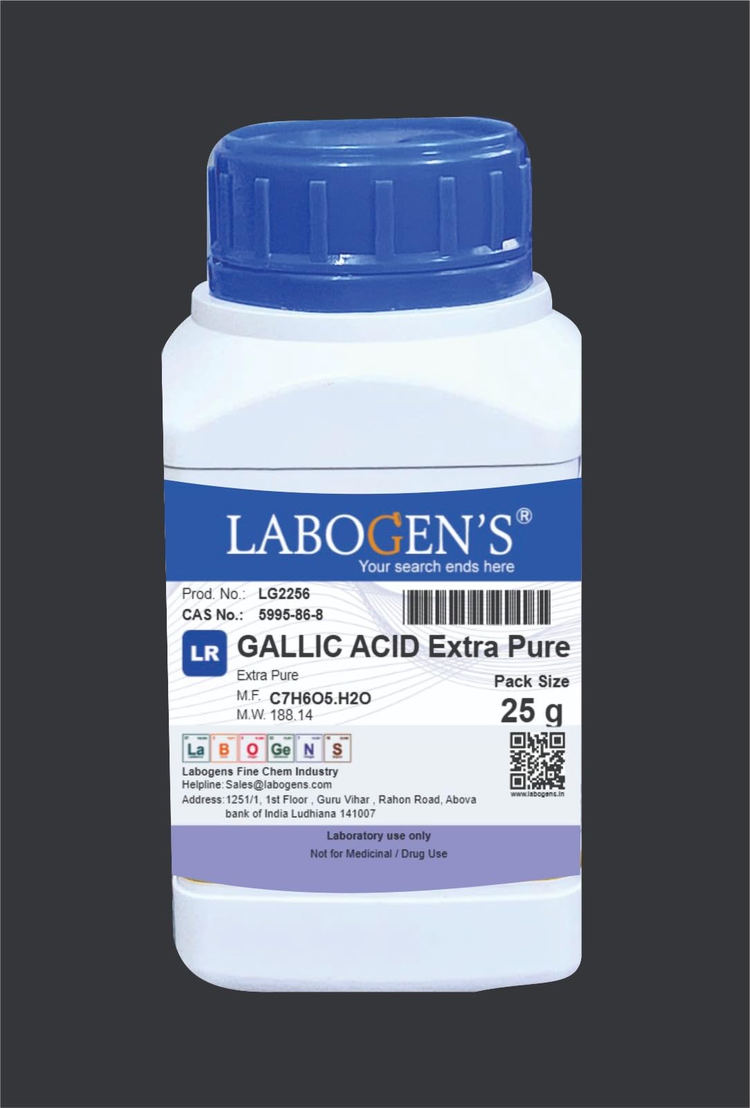GALLIC ACID 25GM (3, 4, 5-trihydroxybenzoic acid) Assay : Min. 98% C7H6O5.H2O M.W. 188.13, (CAS NO.5995-86-8)