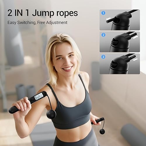 Miniatura 5 de UMAY Weighted Cordless Jump Rope, Adjustable Length Ropes Ropeless with LCD Counter Display for Women Kids, Smart Skipping Rope with Ball for Burn