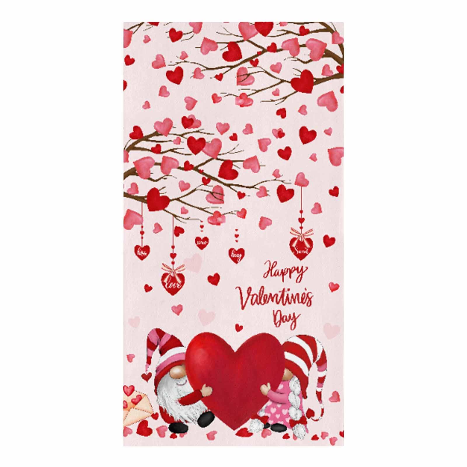 Happy Valentine's Day Kitchen Towels,Gnomes Red Heart Pink 18x28 Inches Soft Kitchen Dish Cloth, Love Tree Cotton Tea Towels/Bar Towels/Hand Towels,(1 Pack)