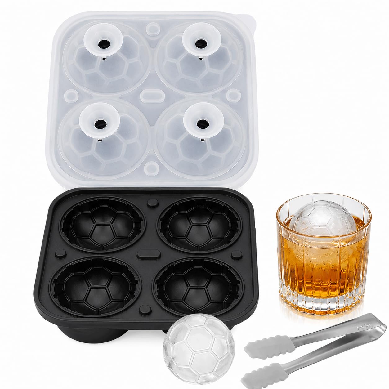 3D Football Ice Cube Molds, 4 Cavity Silicone Ice Cube Trays with Funnel, 2.2 Inch Large Round Ball Maker for Whiskey Cocktails Bourbon Brandy Beverages (4-Black)
