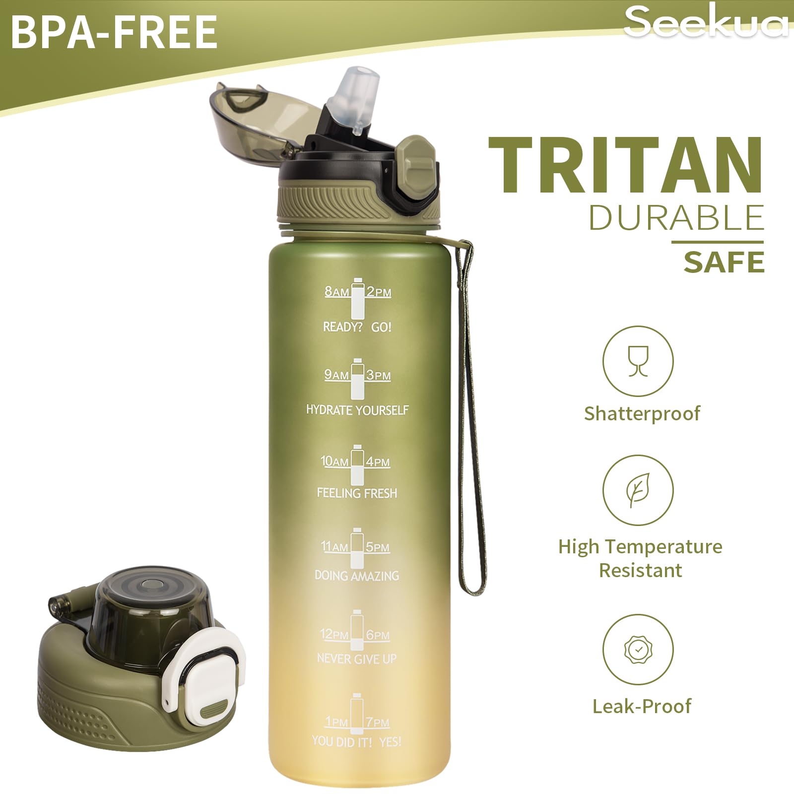 Seekua Sportiva Borraccia Motivazionale 0.6l / 1l / 2l con Cannuccia & Orari per Bere Bottiglia Acqua Tritan per Bici, Palestra, Sport, 2 Coperchi, 1 litro