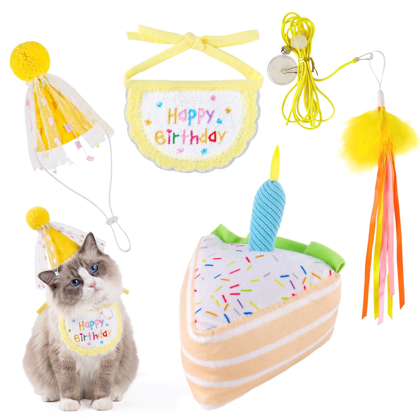 Wznnlt 4Pcs Cat Birthday Outfit Set with Hat & Bandana, Plush Cat Birthday Cake, Hanging Cat Toy with Catnip, Cat Birthday Presents for Celebration