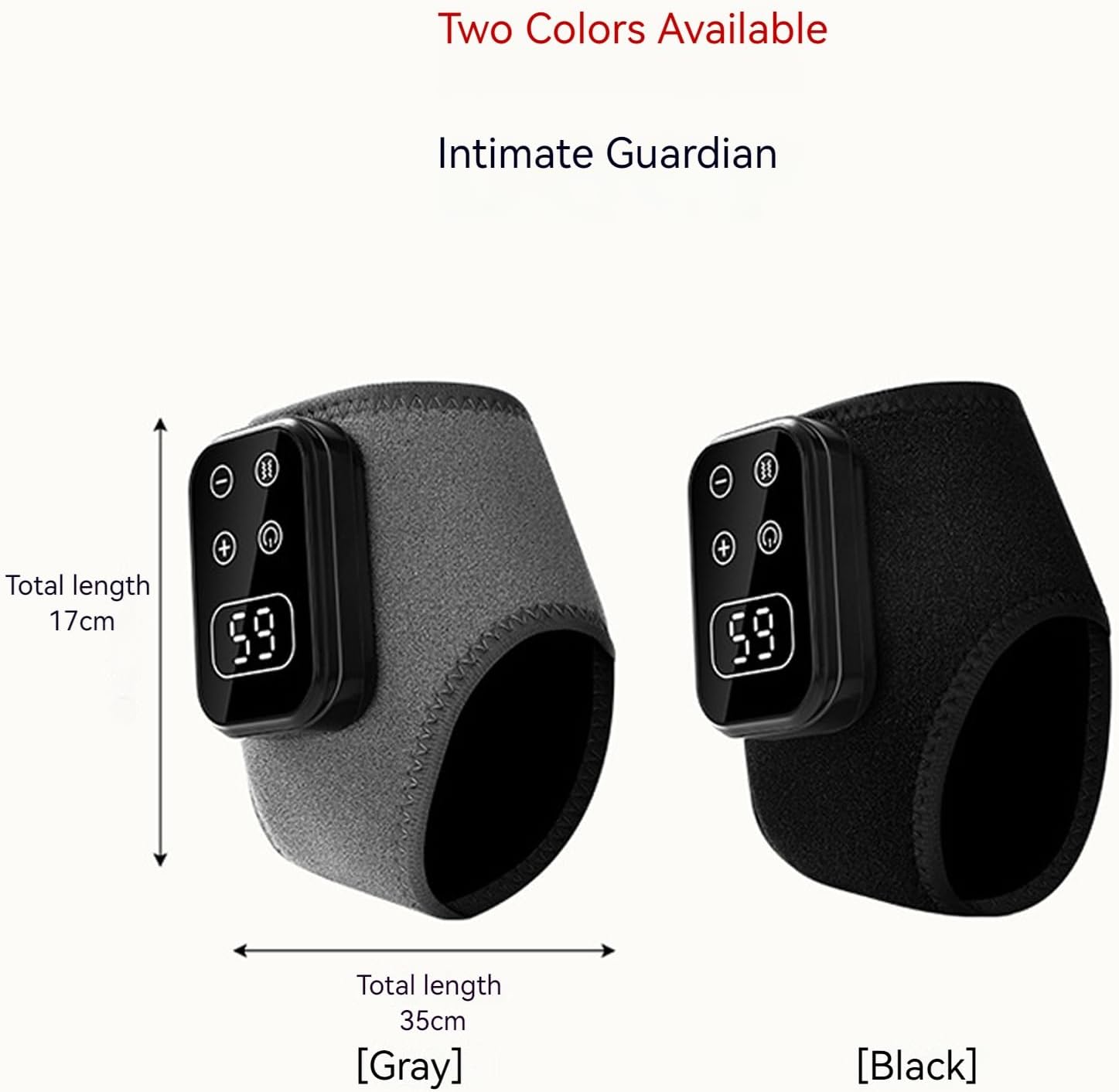 Two ankle massagers, one gray and one black, showing total length of 17cm and total width of 35cm