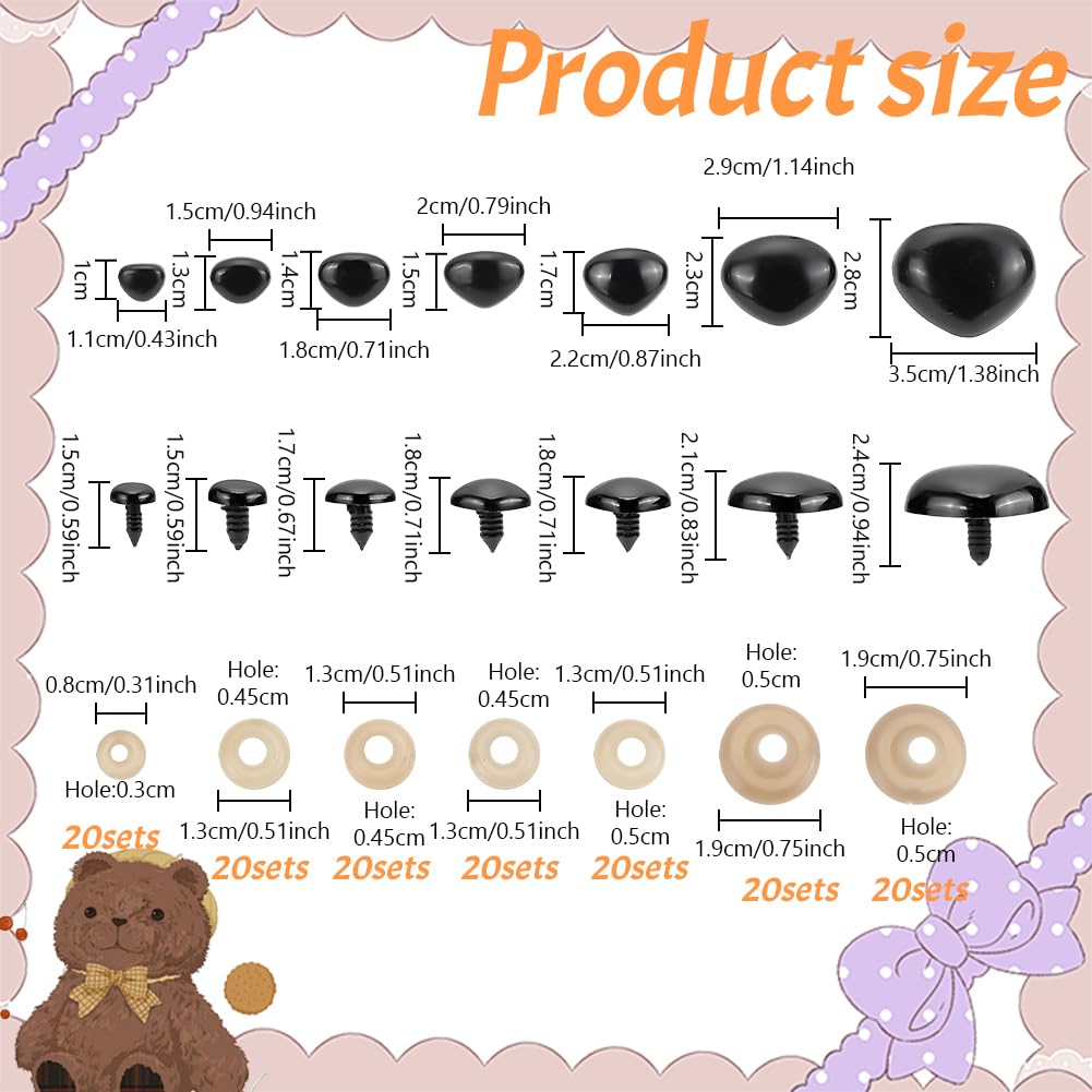 280 nasi di sicurezza neri, 7 misure, in plastica, triangolari, con rondelle, per amigurumi, marionette, peluche, accessori per orsetti ripieni