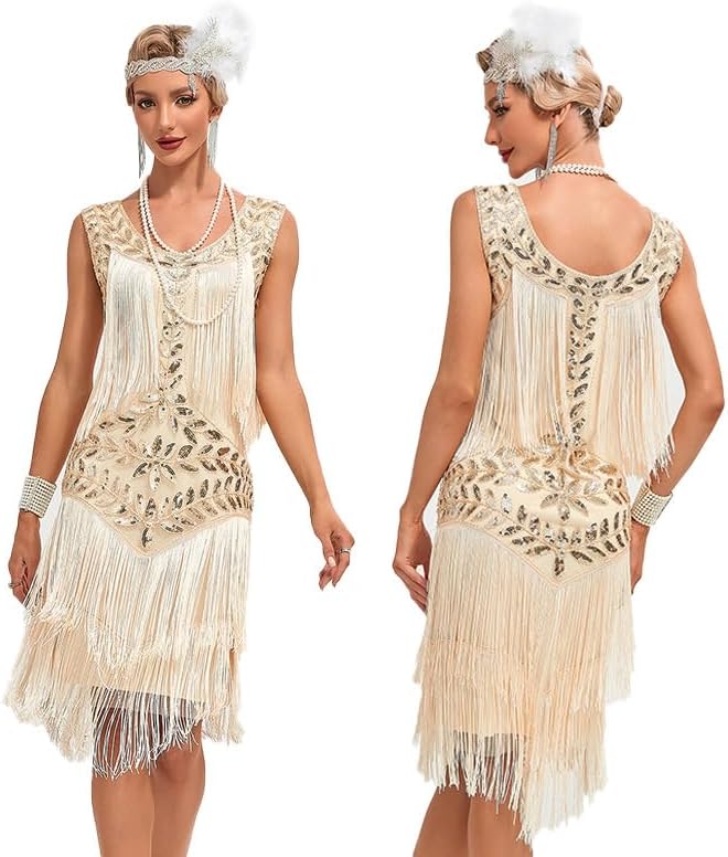 JIAHG1920s Gatsby Fringe Flapper Dress Vintage Sequin Cocktail Dress with Tassels Great Gatsby Ball Party Dress Elegant Roaring 20s Evening Dress Retro Formal Banquet Dance Costume for Women