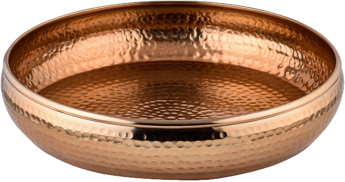 Marrakech Round Fruit Bowl Modern 34 cm Round Round Serving Tray as Key Bowl or Decorative Aesthetic in Living Room Kitchen Candle Bowl Fidan Copper as Table Decoration Kitchen Decoration