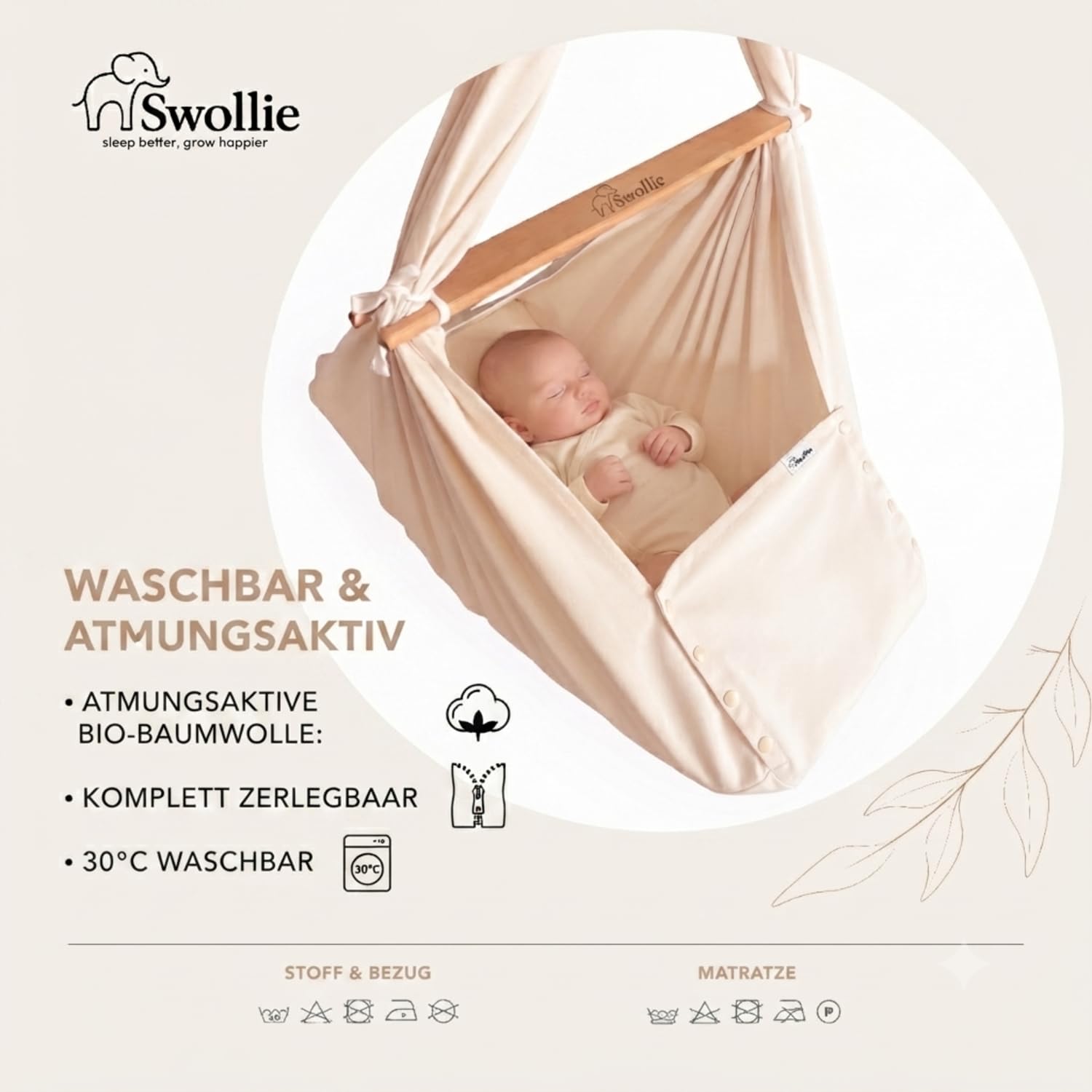 Premium Federwiege Grau mit Tipi Anthrazit - für Babys ab Geburt bis 15 kg - geborgener und sicherer Babyschlaf - Bio-Baumwolle und Matratze mit Schafwolle -