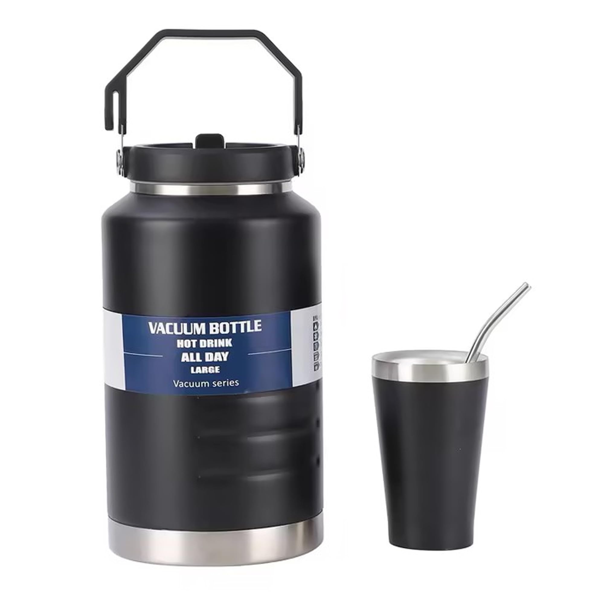 Half Gallon Large Insulated Water Bottle + Stainless Steel Cup, 67 oz, Black, 2000 ml Tumbler Jug, Insulated Container, Insulated Jar, 304 SS Thermal Mug, Leak-Proof, Hot/Cold for Sports Travel Gym