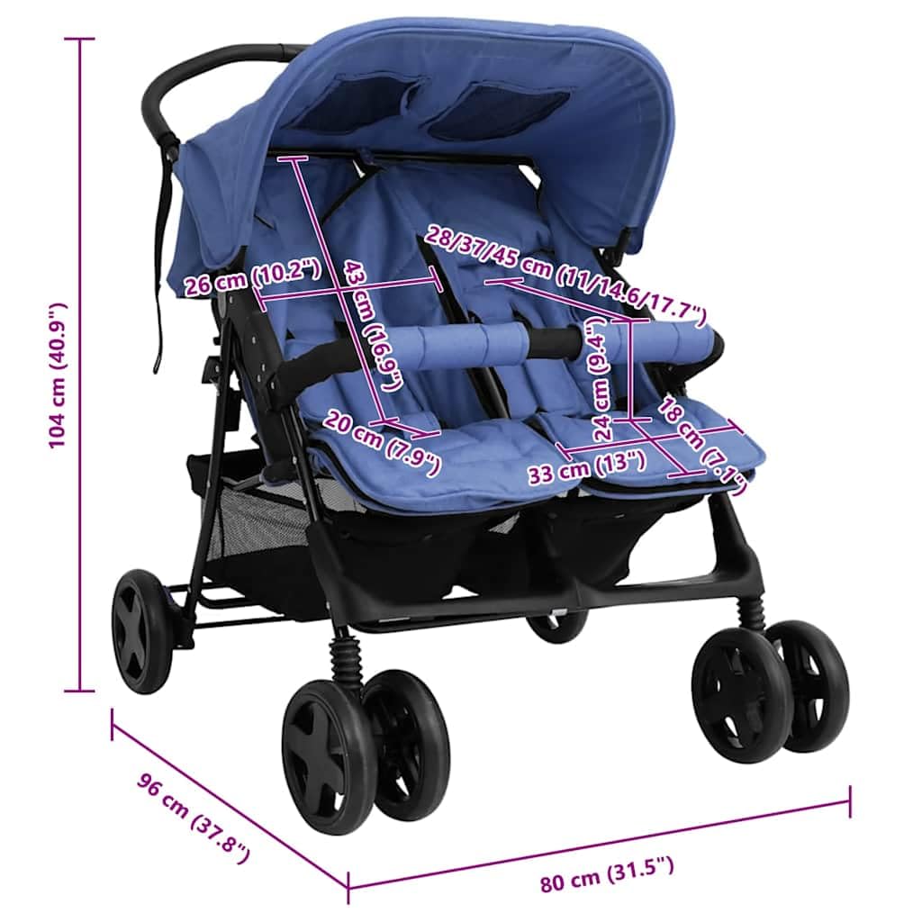 Poussette Double, Poussette Deux Places pour Jumeaux Pliable Bleu marine Acier