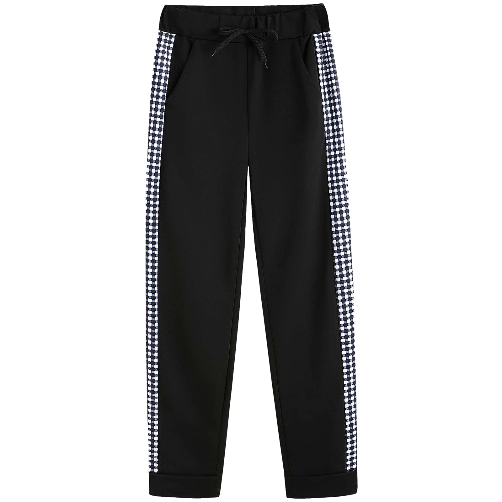 amropi Tuta da donna in 2 pezzi, con felpa con cappuccio e pantaloni da jogging, Plaid nero., X-Large