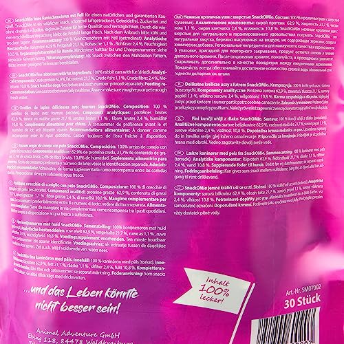 SnackOMio – Premium Hundesnack – feine Kaninchenohren mit Fell, getreidefrei, 1er Pack (1 x 450g)
