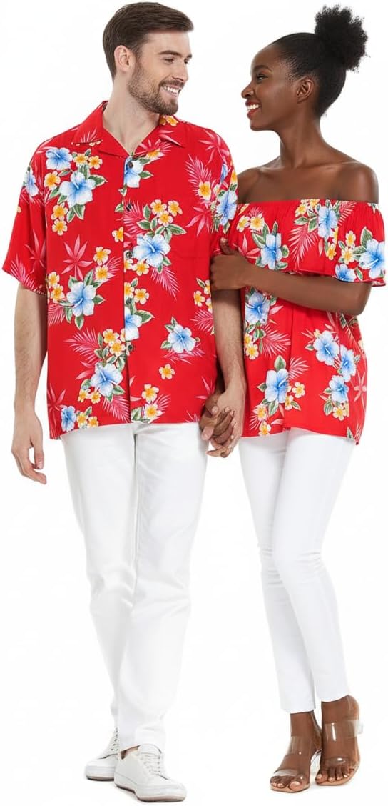 Matchable Couple Hawaiian Luau Shirt or Off-Shoulder Ruffle Muumuu Top in Hibiscus Black