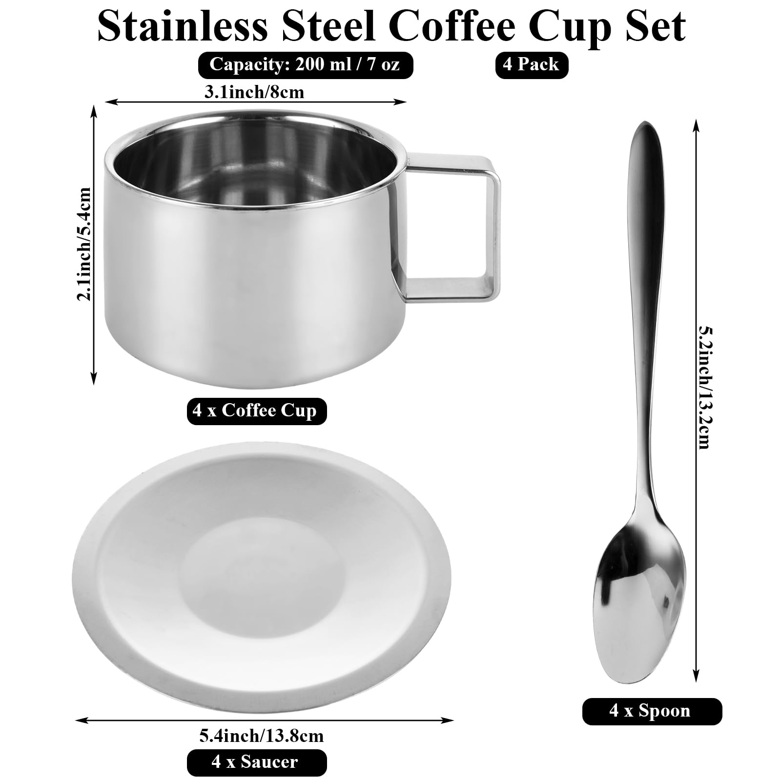 LDHHYH 4 Pack Stainless Steel Coffee Cups Set, 7 oz Coffee Mugs with Spoon and Saucer, Double Walled Coffee Mugs Drinkware Metal Coffee Mug for Latte, Cappuccino, Milk