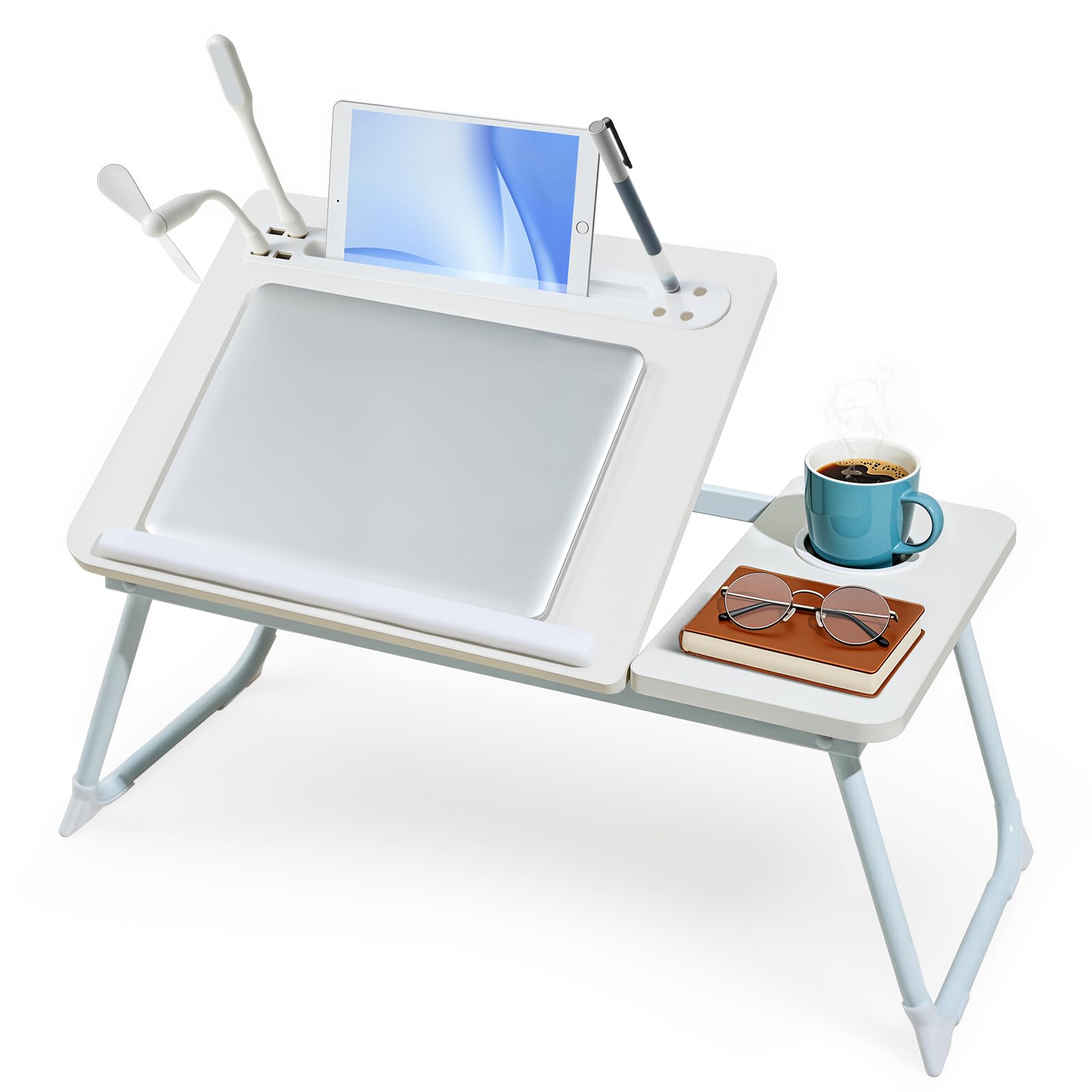 Warmiehomy Laptop Table with USB Ports, Adjustable Angles Laptop Desk with Cup Holder&Tablet Slot&Pen Slots, Laptop Tray with Legs on Bed or Sofa for Working/Reading, White — image 1