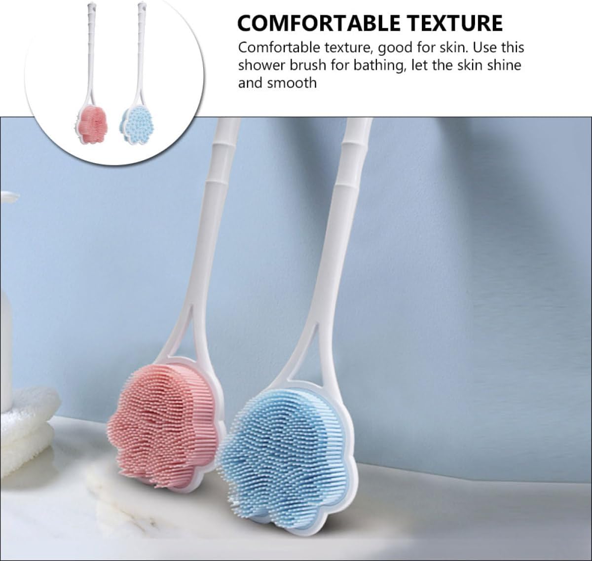 Long Handle Silicone Back Scrubber 2pcs with Soft Bristles and Massage Beads, Non-Painful Bath Brush for Shower, Lightweight Body Scrubbing Brush for Men and Elderly