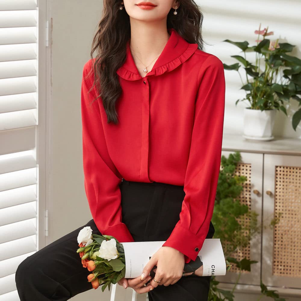 Langarmshirts Für Damen,Damen Puppenkragen Rüschen Shirt Rot Einfarbig Elegante Alltags Freizeit Bluse Langarm Button Down Blusen Lässige Tunika Tops