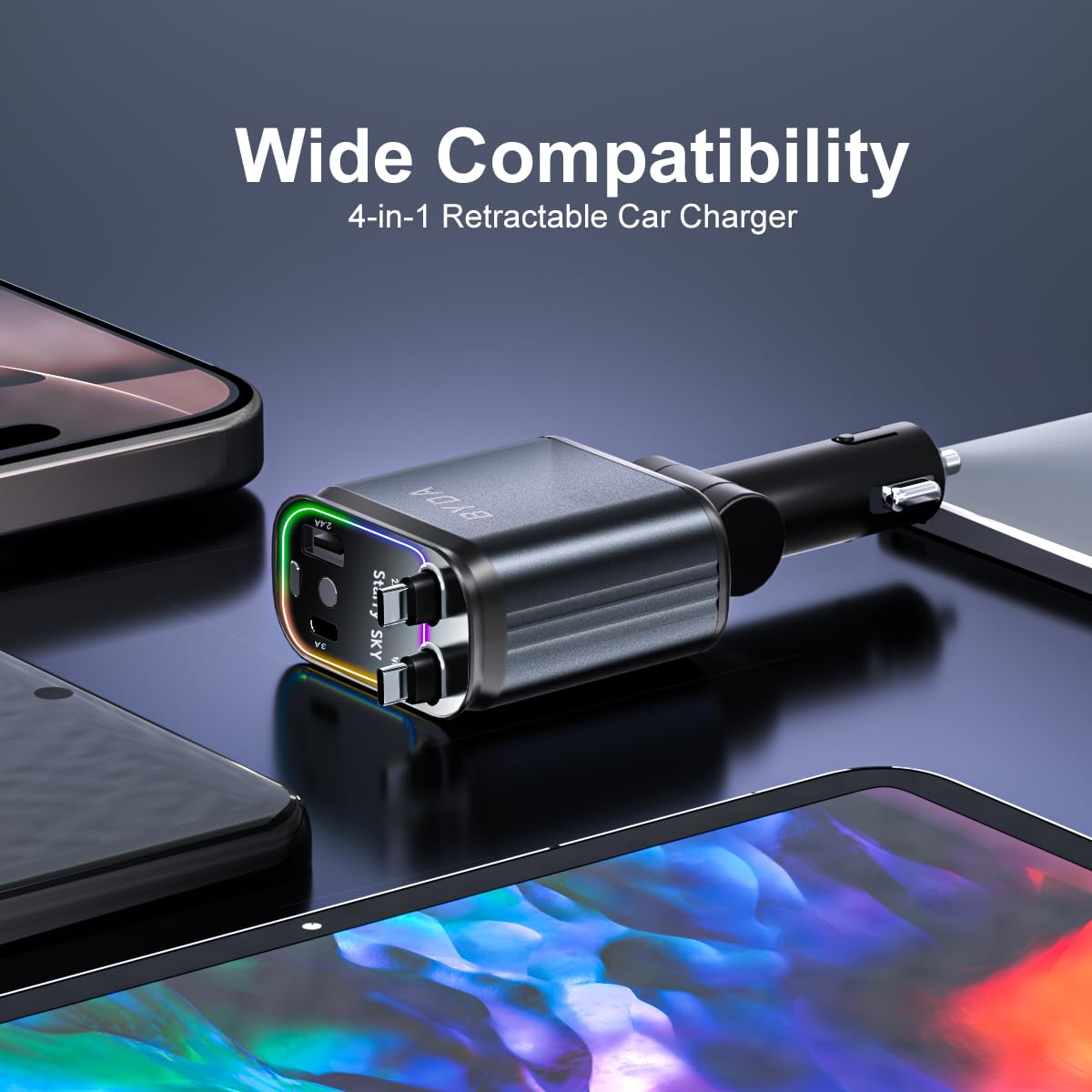 4 in 1 Retractable Car Charger with Starry Light,69W USB-C Fast Car Charger, for iPhone 17/16/15/14/13/12/11, Android,Pixel,Cigarette Lighter Charger (Grey, Light-ning+USB-C (Starry)) — view 8