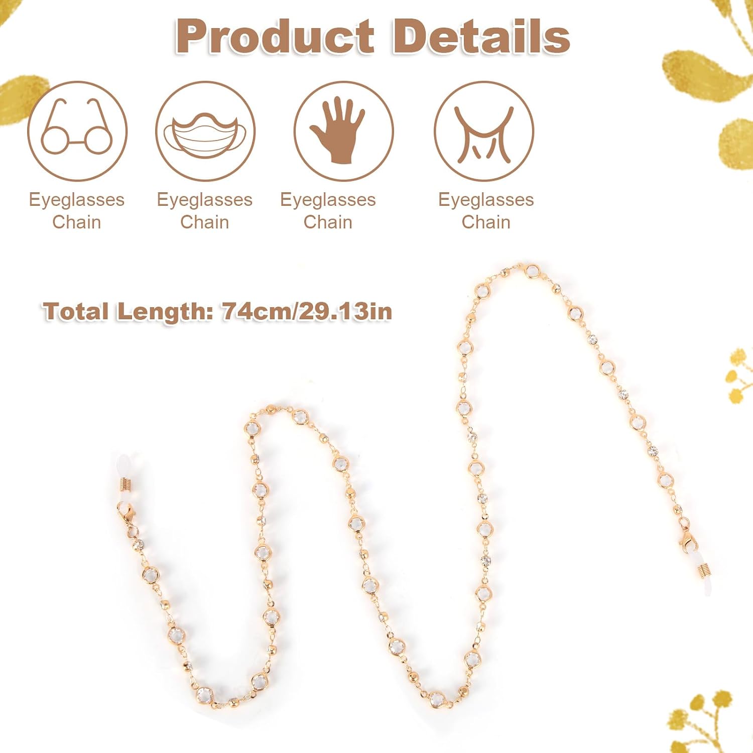 2pcs Crystal Beaded Eyeglasses Chain for Women, Adjustable Gold-Tone Beads Eye Glass Strap Lanyard, Glasses Sunglasses Holders Around Neck for Reading Girls