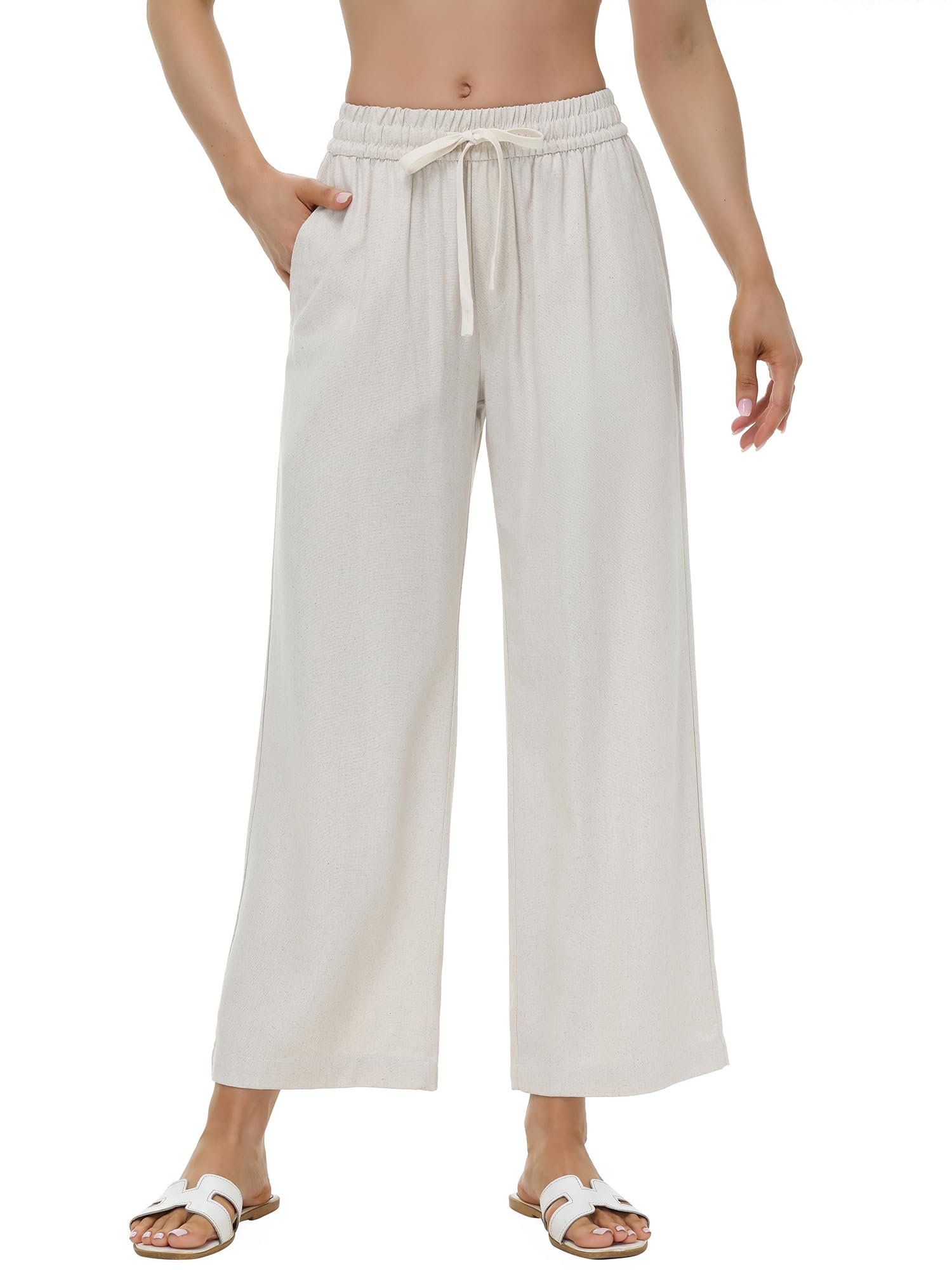 MCEDAR Linen Blend Pants for Women High Waisted Wide Leg Striped Drawstring Beach Pants with Pockets