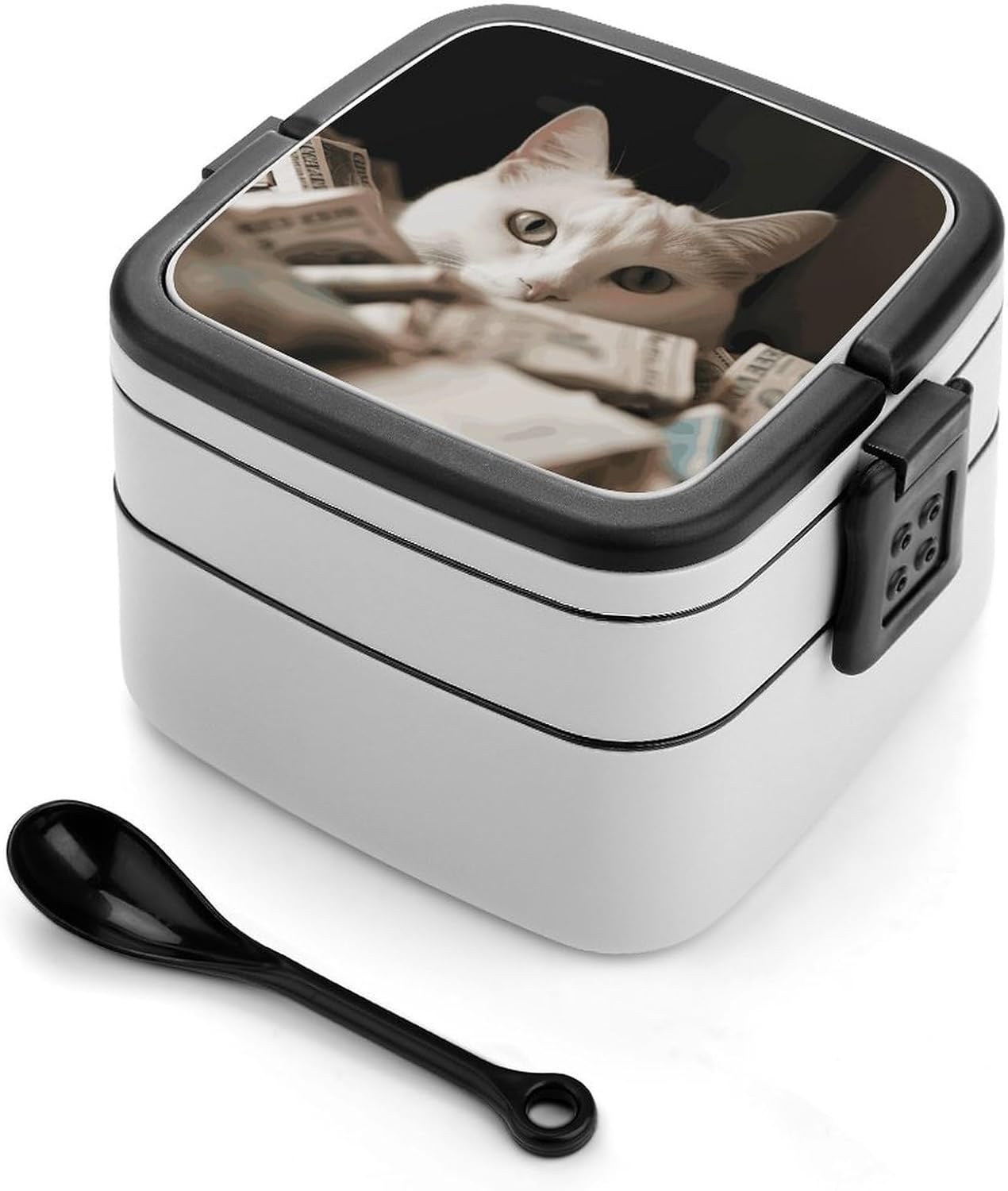 White Cat And Pile of Dollars Bento Box with Spoon, 2-layer Stackable Lunch Box Leak Proof with Invisible Handle, Insulated Food Storage for Office, Picnic & Travel White Cat And Pile of Dollars Bento Box with Spoon, 2-layer Stackable Lunch Box Leak Proof with Invisible Handle, Insulated Food Storage for Office, Picnic & Travel