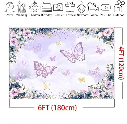 Miniatura 6 de Mocsicka Telón de fondo de mariposa violeta con diseño floral para niña, decoración de fiesta de mariposa, boda, cumpleaños, mariposa, baby shower,