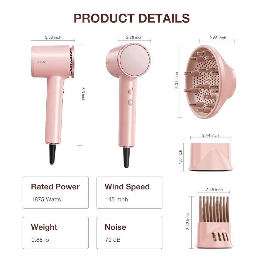 High-Speed Hair Dryer 1875W Ionic & Plasma, Blow Dryer with Diffuser & Comb Nozzle for Curly or Thick Hair, Compact 110000 RPM Fast Drying Lightweight Hair Dryer for Women with Concentrator, Pink - image 9