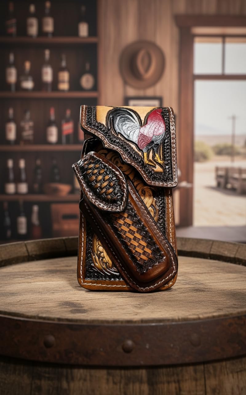 Leather Phone Holster & Knife Holder - Hand Tooled Cowboy, Chalino, Rooster, El Mayo - Made in Mexico Belt Case for Phone