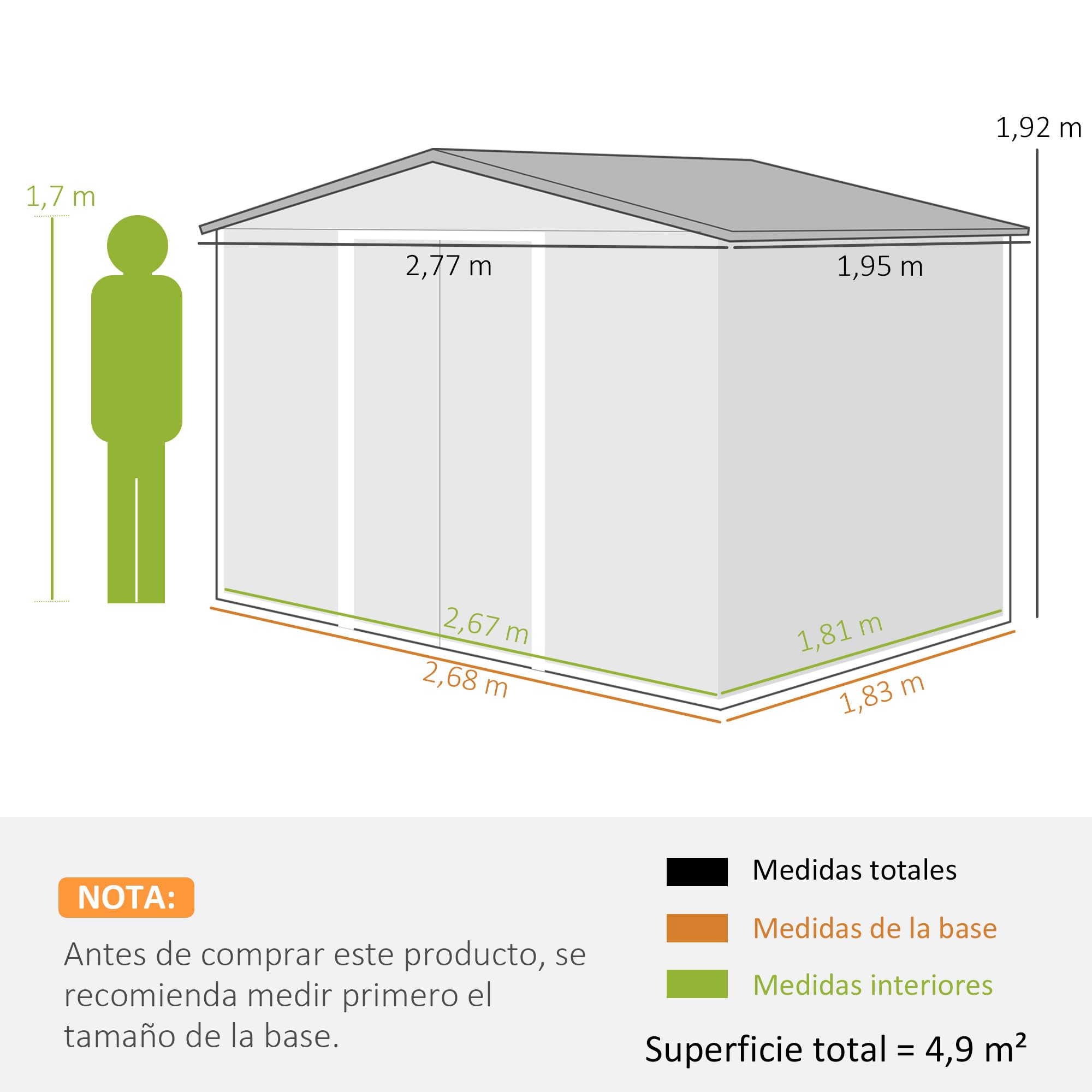 Outsunny Caseta de Jardín Exterior, 5 m² 277x195x192 cm, Cobertizo de Jardín Exterior Metálico con 2 Puertas Correderas, Base Refuerzo (Suelo NO Incluido) y 4 Ventanas, Gris — view 7
