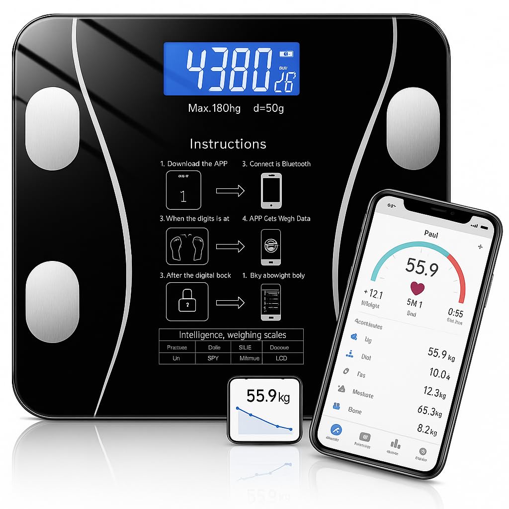 Báscula inteligente Bluetooth – Peso y% de grasa corporal – Análisis corporal completo en APP (IMC, músculo, agua, metabolismo) – Precisión profesional – Pantalla LED – Compatible móvil