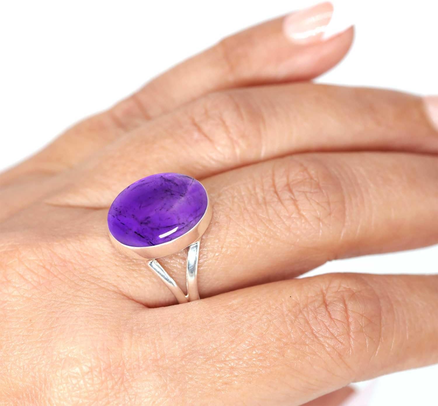 Handmade Genuine 925 Sterling Silver Ring Chunky Natural Gemstone Agate, Rose Quartz, Lapis, Amber Oval Boho Jewelry For Women