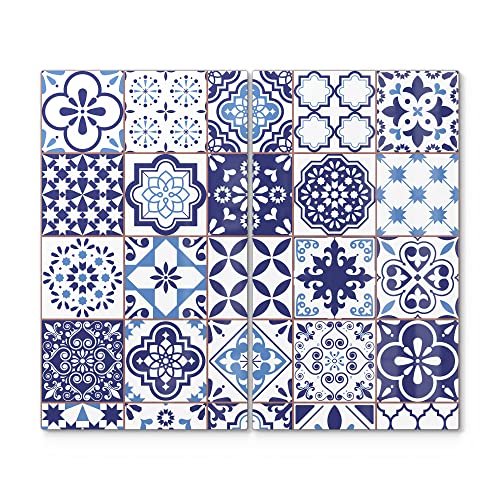 DEQORI Herdabdeckplatten Glas | 2er Set 60x52 cm | Motiv Azulejo Wandkacheln | Ceranfeld Abdeckplatten in Küche | Herd-Abdeckungen universal | Glasplatten & Schneidebretter für Kochplatte