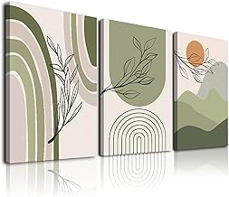Sage Green Boho Wall Art Set of 3, Minimalist Boho Wall Decor Geometric Abstract Line Leaf Rainbow Sun Mountian Green Canvas Artwork Patintings, Framed Botanical Boho Room Decor, Sage Green Wall Posters & Prints for Living Room, Bedroom, Bathroom, Office, Hallway, 12"x16"
