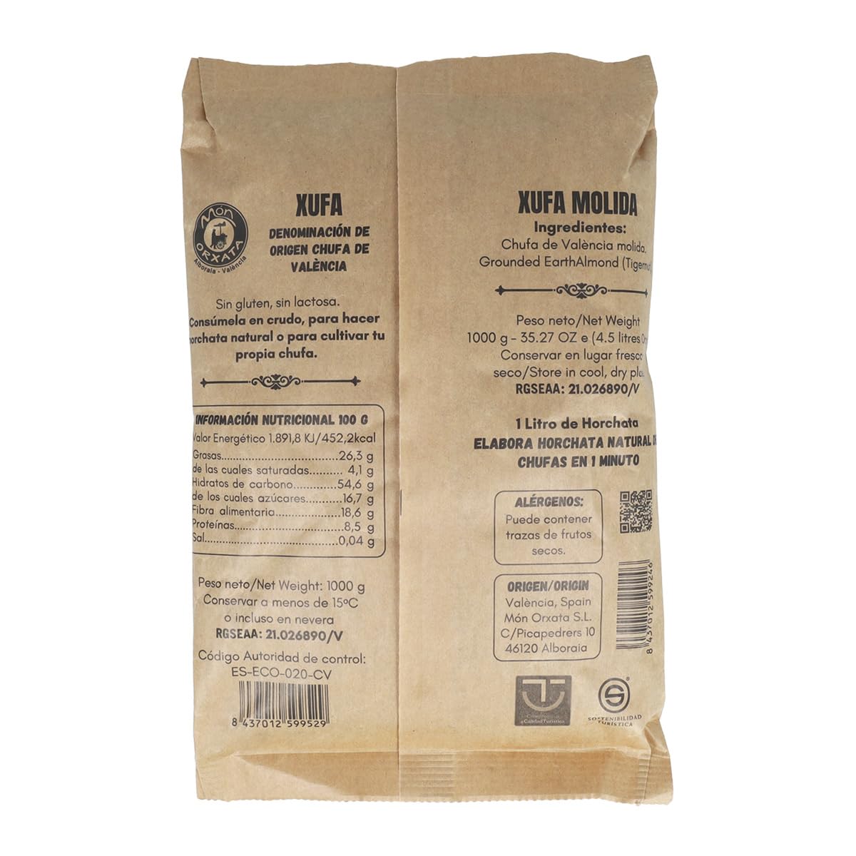 Chufa ecológica BIO 1 Kg Atmósfera protectora D.O. València - Món Orxata. Ideal para consumo en crudo o para elaboración de horchata. Conservar a menos de 15º