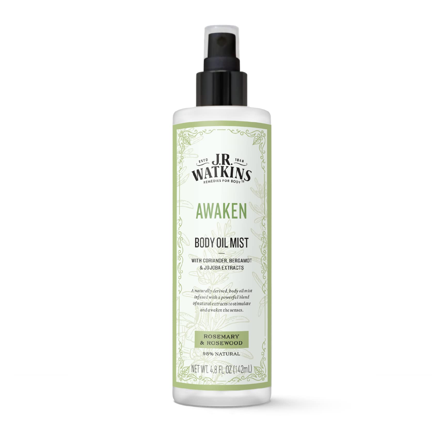 J.R. Watkins Awaken Body Oil Mist, Hydrates Skin, Stimulates and Awakens Senses, Natural Rosemary & Rosewood, 4.8 oz