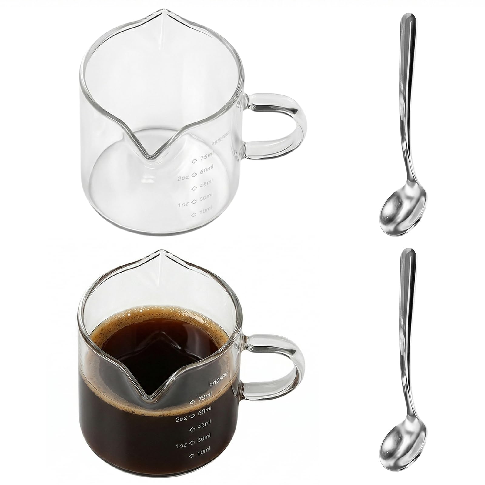 Solvio 2-Pack 75ml Glass Espresso Mugs with Handles, Heat-Resistant Borosilicate, V-Shaped Double Spout Design. Includes Transparent Espresso & Latte Mugs, Suitable for Coffee Machines