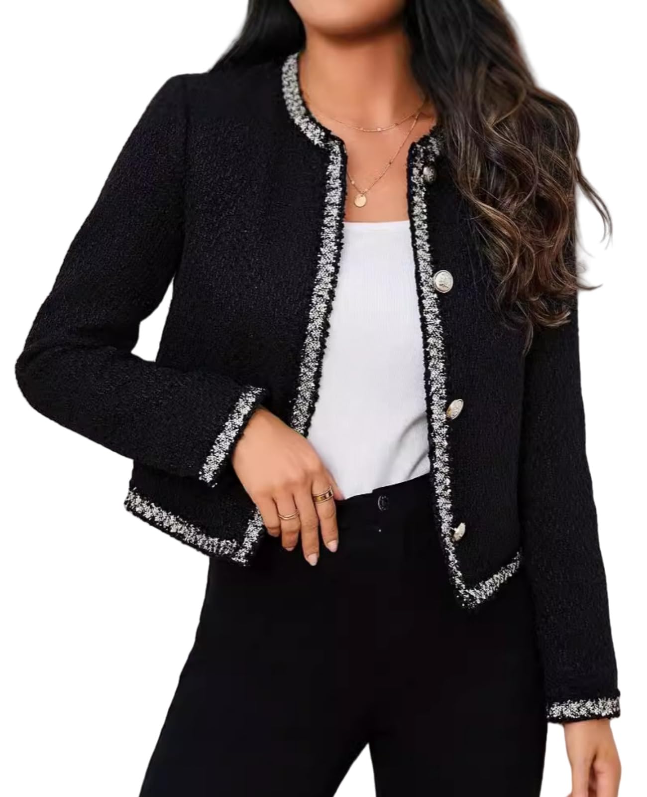 MINTLIMIT Womens Tweed Blazers Cropped Long Sleeve Crewneck Open Front Lightweight Plaid Work Business Jackets