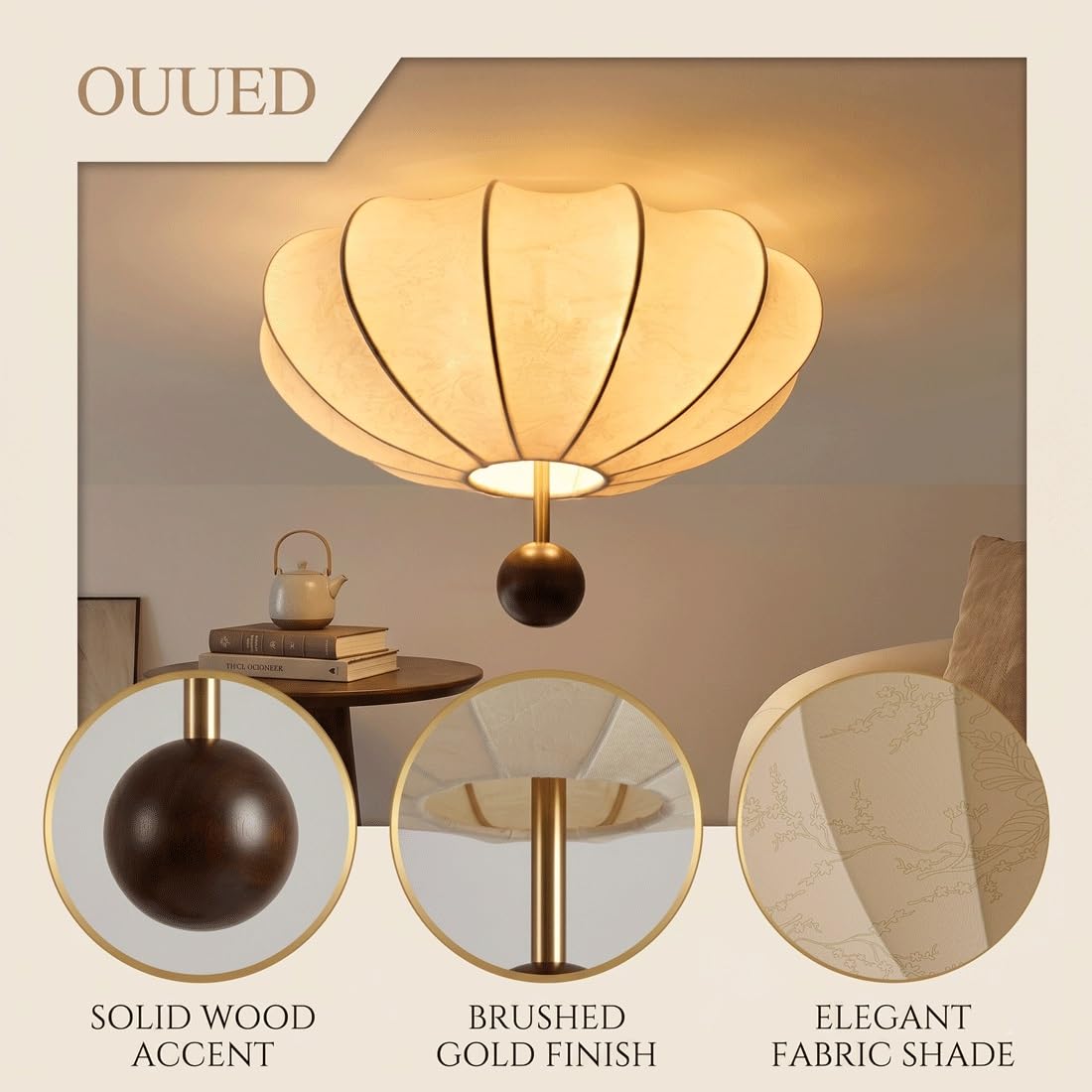 Francuska lampa sufitowa z tkaniny z połowy wieku, orientalna lampa podtynkowa Zen z dekoracją z litego drewna, oświetlenie w stylu art deco, do sypialni, salonu, gabinetu, przedszkola, przedpokoju