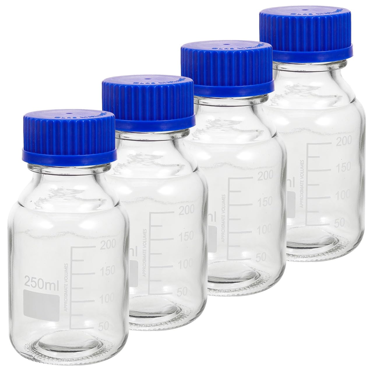 ERINGOGO Set da 4 Bottiglie di Vetro Vuote per Reagenti con Tappo a Vite Blu, Capacità 250ml, Resistenti a Cadute e Usura, per Laboratori e Applicazioni Didattiche