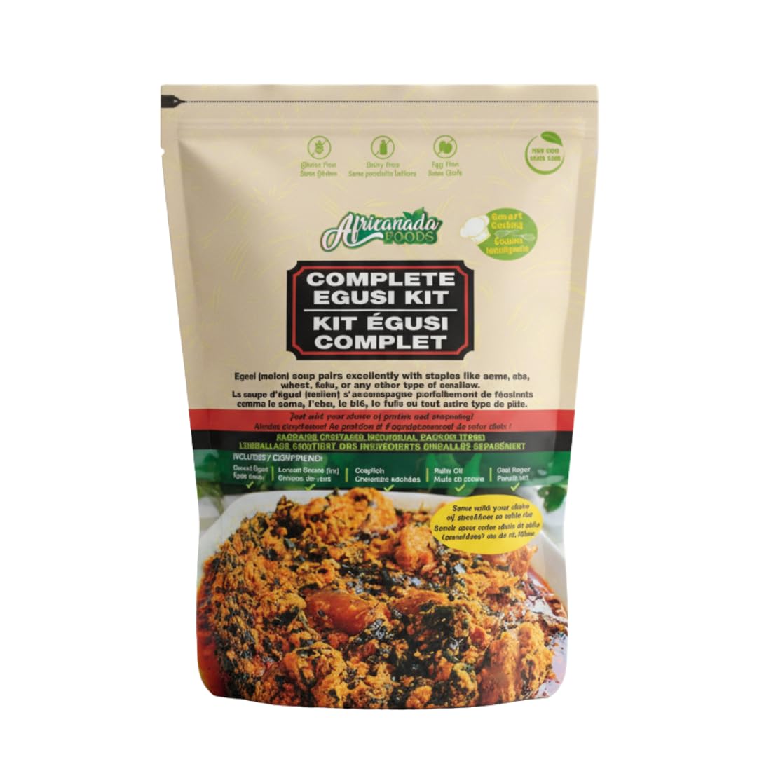 Africanada Foods Complete Egusi Kit with individual packed melon (egusi), locust beans, ground crayfish, pepper, red palm oil | Easy to Use | Just add your fresh vegetable | Smart Cooking…