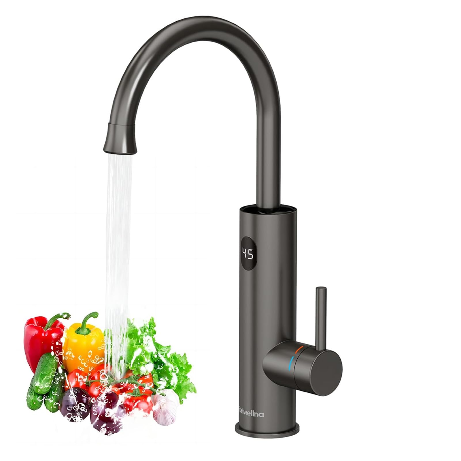 Briwellna Instant Water Heater Tap, 220V Cold and Hot Water Faucet, Kitchen Electric Heating Tap Stainless Steel, 360 Degrees Rotate with Digital Display (Grey)