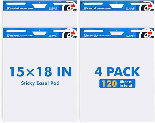 maxtek Papel de carta de 15 x 18 pulgadas, almohadilla de caballete adhesivo grande con 4 paquetes, 120 hojas, papel de anclaje grande mejorado con