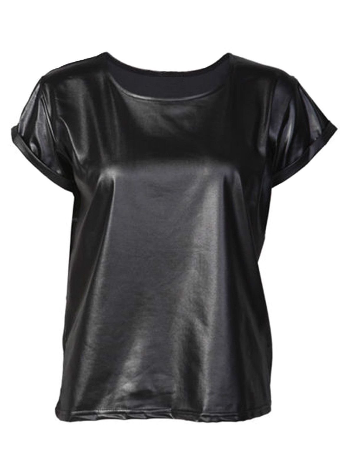 Get The Trend Women's Black Pvc Wet Look Roll Up Sleeves Top Faux Leather Party Short Sleeve Open Hem Top Shirt