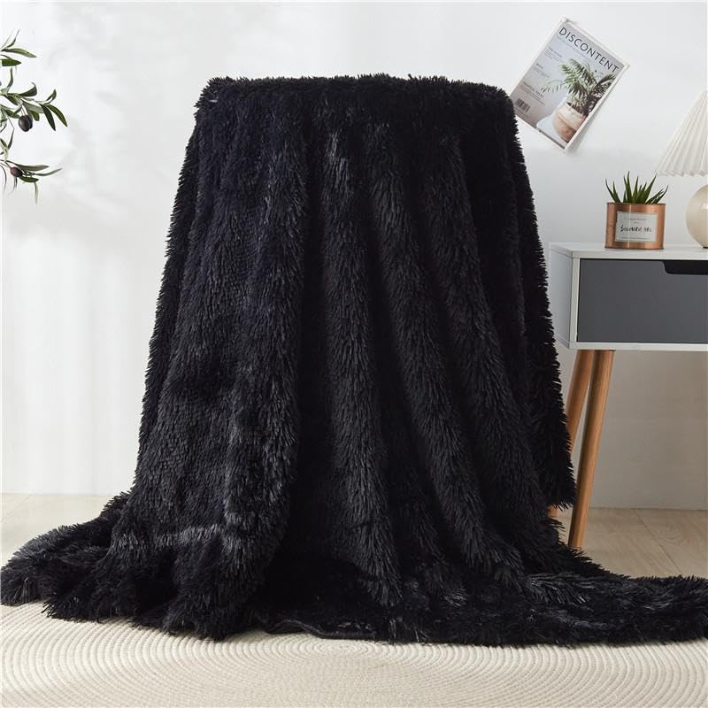 Decorative Extra Soft Faux Fur Throw Blanket 130x160cm,Solid Lightweight Fuzzy Long Hair Shaggy Blanket,Fluffy Cozy Plush Mink Fleece Comfy Microfiber Blanket for Couch Sofa Bed (Black)