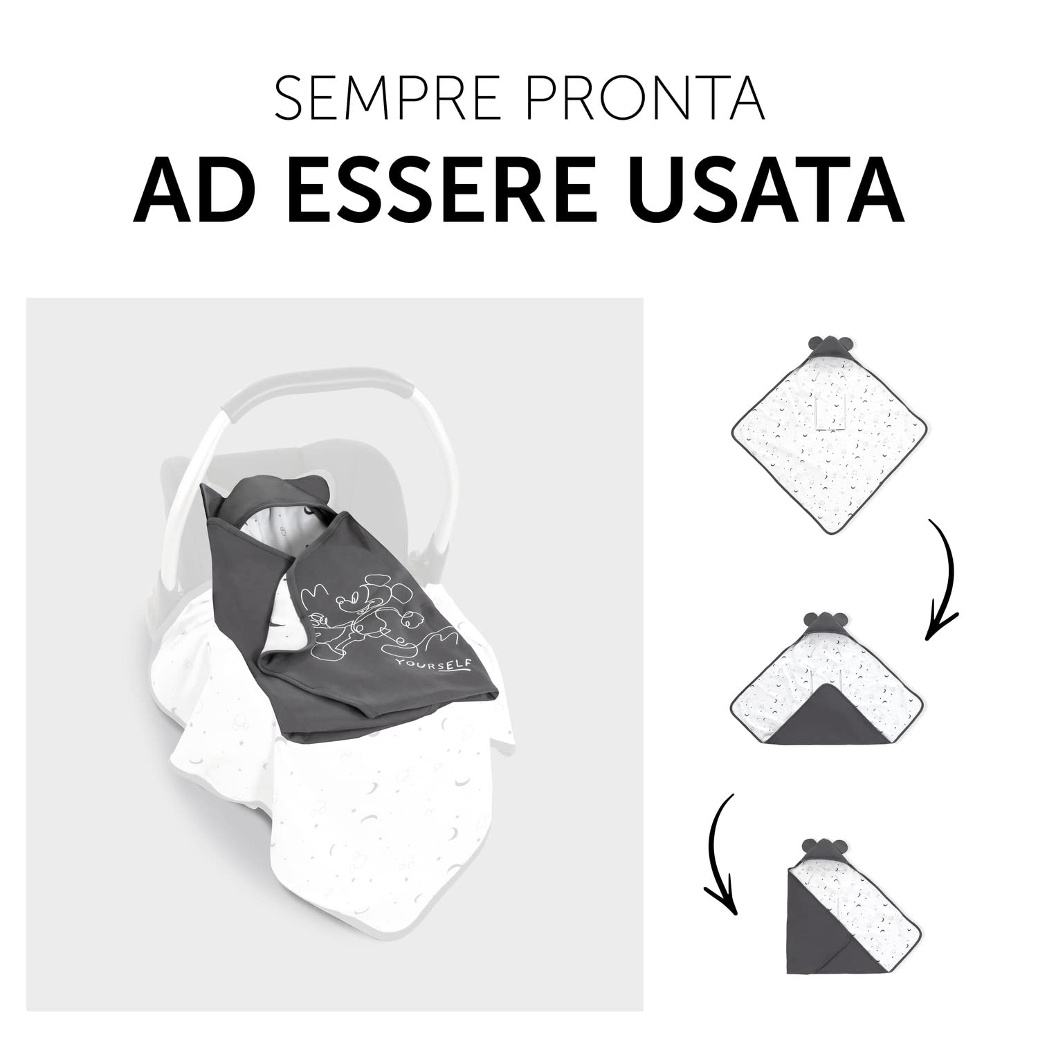 hauck Snuggle N Dream, Disney Topolino Antracite - Copertina Neonato per Ovetto, Segggiolino Auto, Passeggino e Carrozzina, 80 x 80 cm, Primavera Estate, con Fessura per Cintura, Leggera e Lavabile