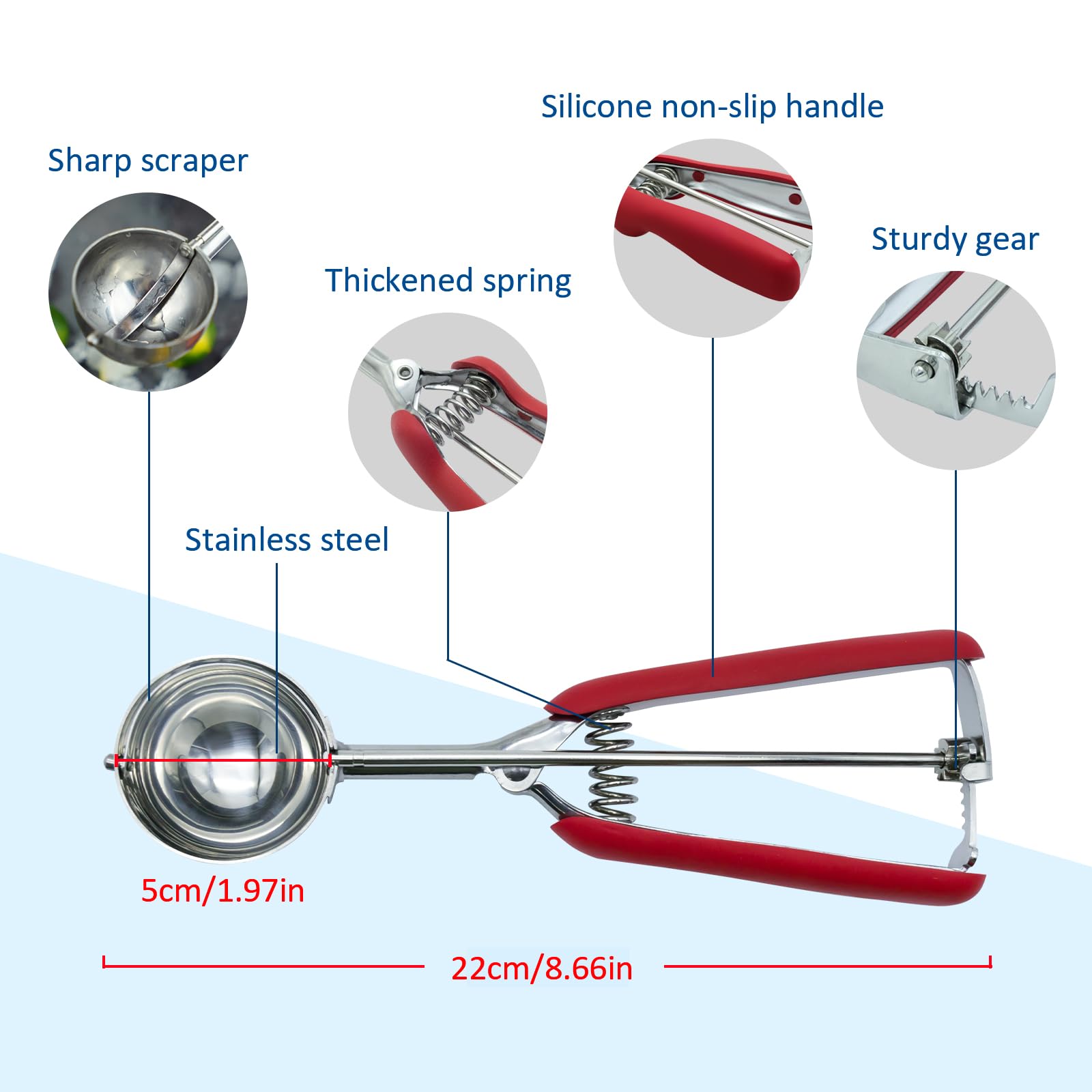 SPEENSUN Ice Cream Scoop with Rubber Easy Trigger-Large Size(5cm),Melon Baller Scoop,304 Stainless Steel Cookie Scoop,Durable and Effortless for Ice Cream,Melon Baller,Mash Potato and Bakin - Image 2